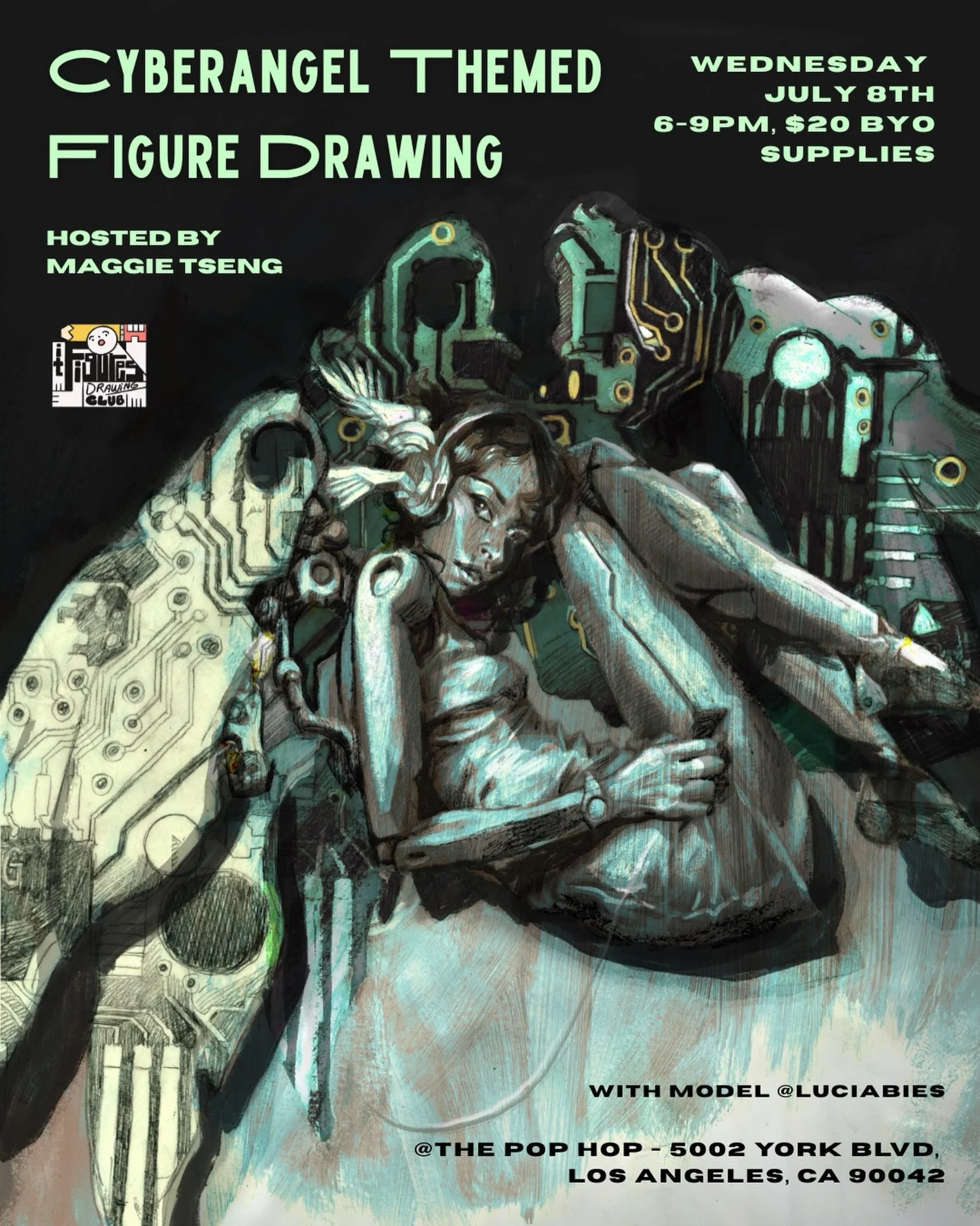 @itfiguresdrawingclub 📡 Incoming transmission&hellip;

This week&rsquo;s model @luciabies has descended from the digital heavens. 

Join us for a Cyber Angel themed figure drawing session! an ode to chrome wings, glowing halos, obsolete technology, 