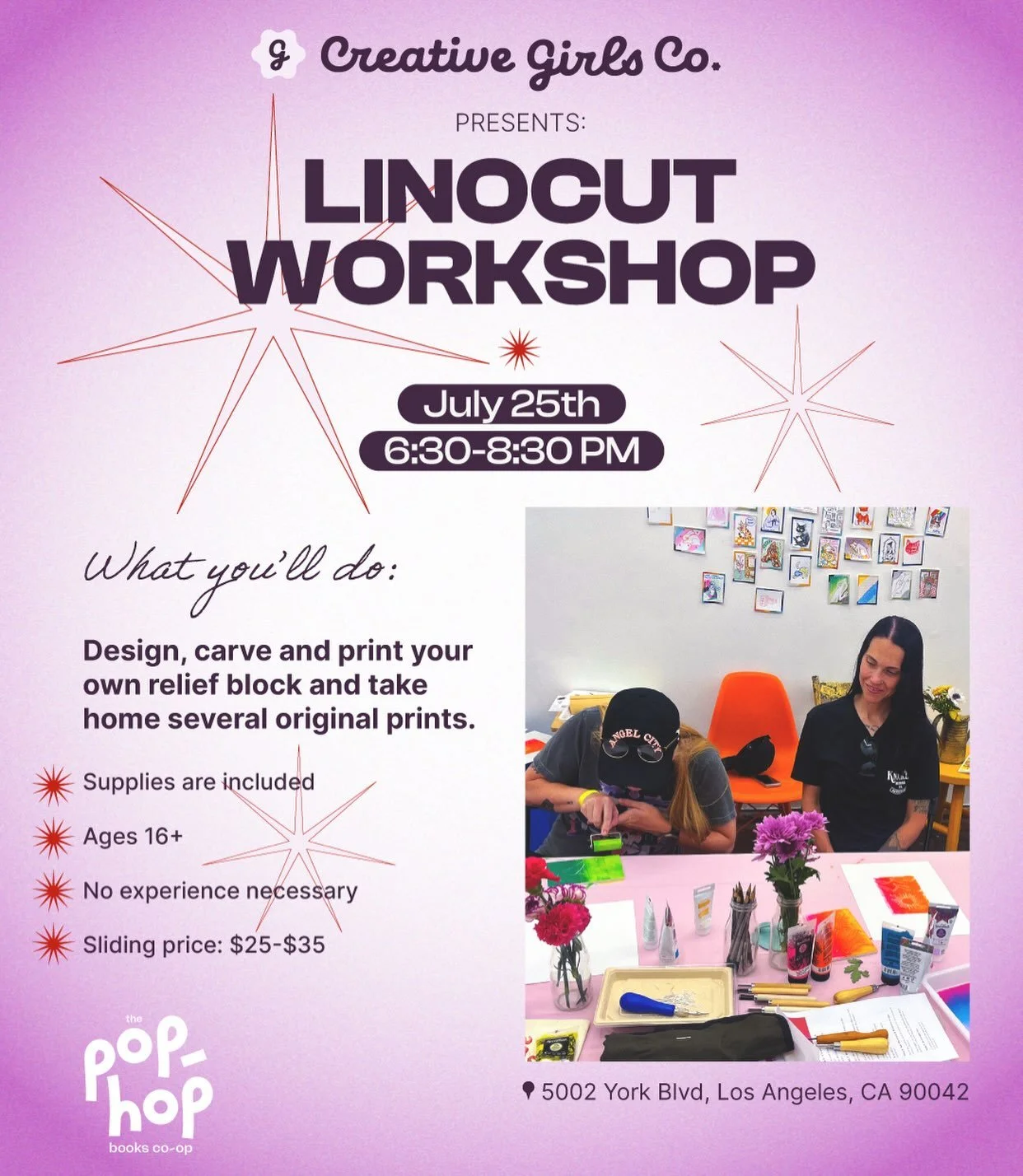 Join @creativegirlsco on Saturday, July 25 from 6:30&ndash;8:30pm for an evening of creativity and community.

In this beginner-friendly linocut printmaking workshop, you&rsquo;ll learn the fundamentals of carving and hand-printing your own designs. 