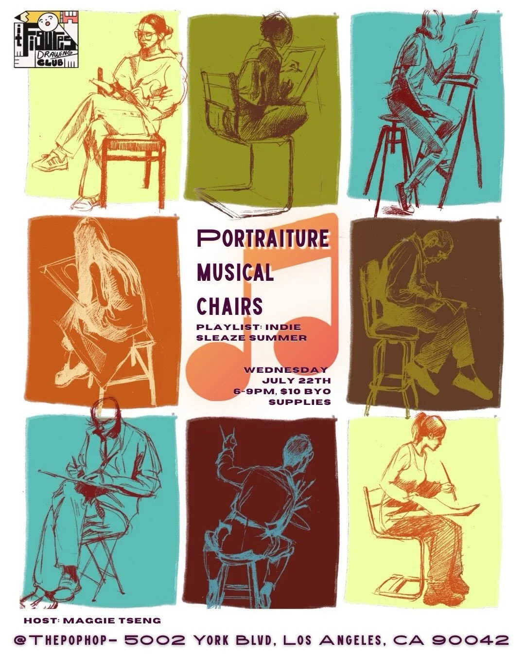 Join us for @itfiguresdrawingclub on Weds July 22 from 6 to 9 PM. We&rsquo;ll spend the evening rotating seats, drawing one another, listening to an Indie Sleaze Summer playlist, and filling sketchbooks with portraits of familiar and new faces. Every