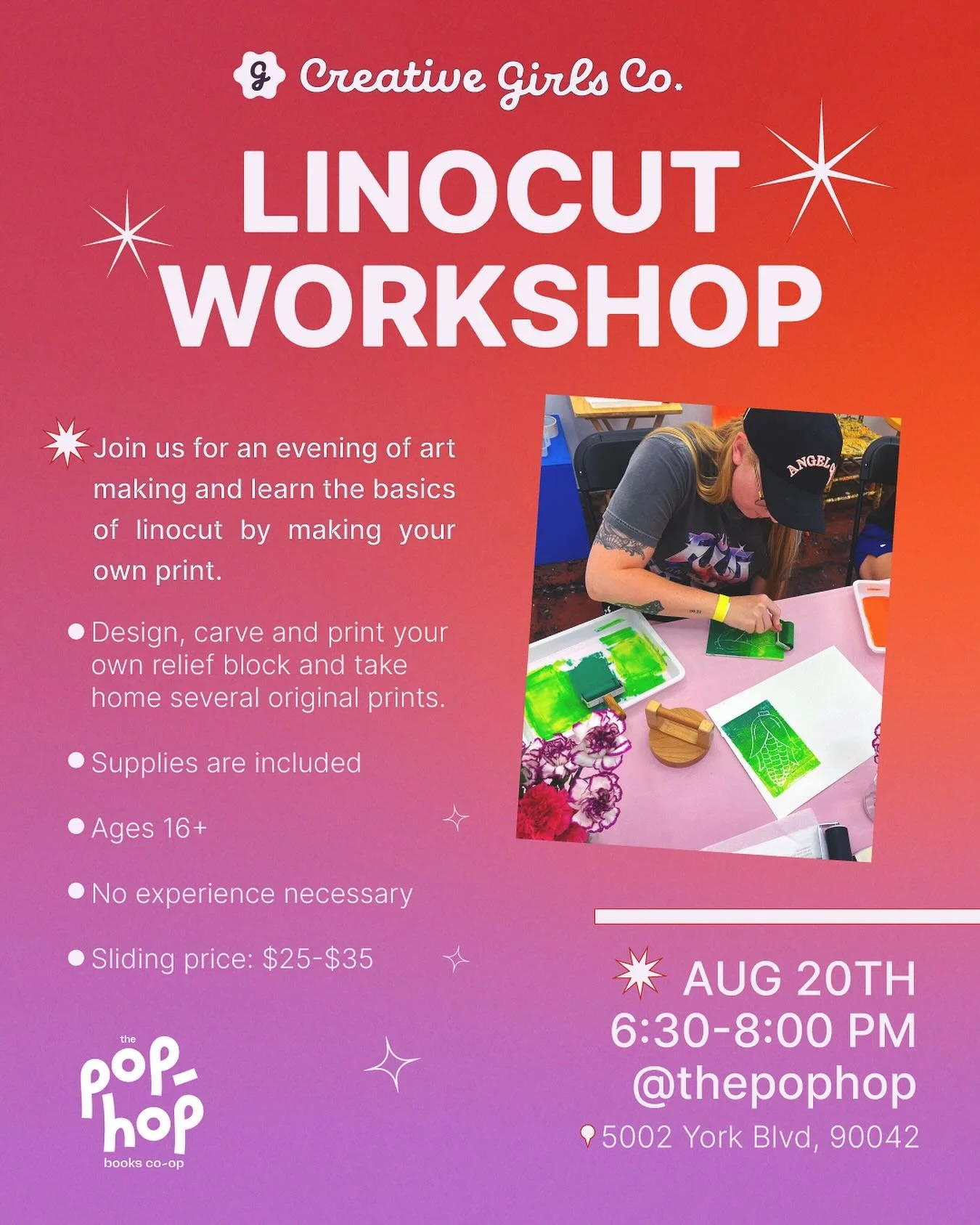 Join us on Thursday August 20 fom 6:30-8:30pm for an evening of creativity and community.

In this beginner-friendly linocut printmaking workshop, you&rsquo;ll learn the fundamentals of carving and hand printing your own designs. Together we&rsquo;ll