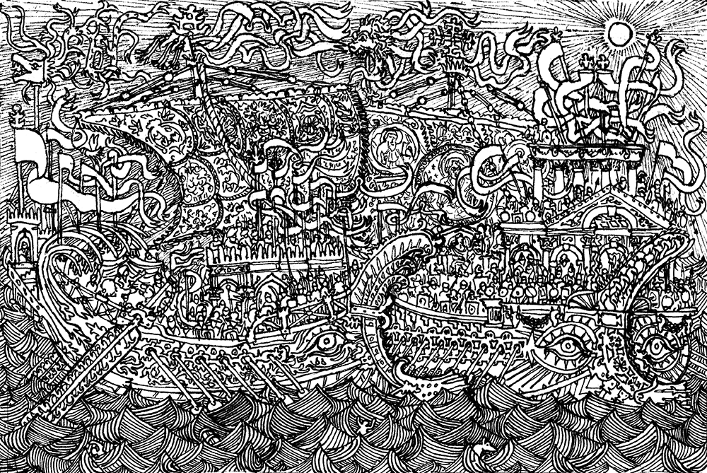 Salamis Battle Pen Ink Drawing Coloring Book Black and White