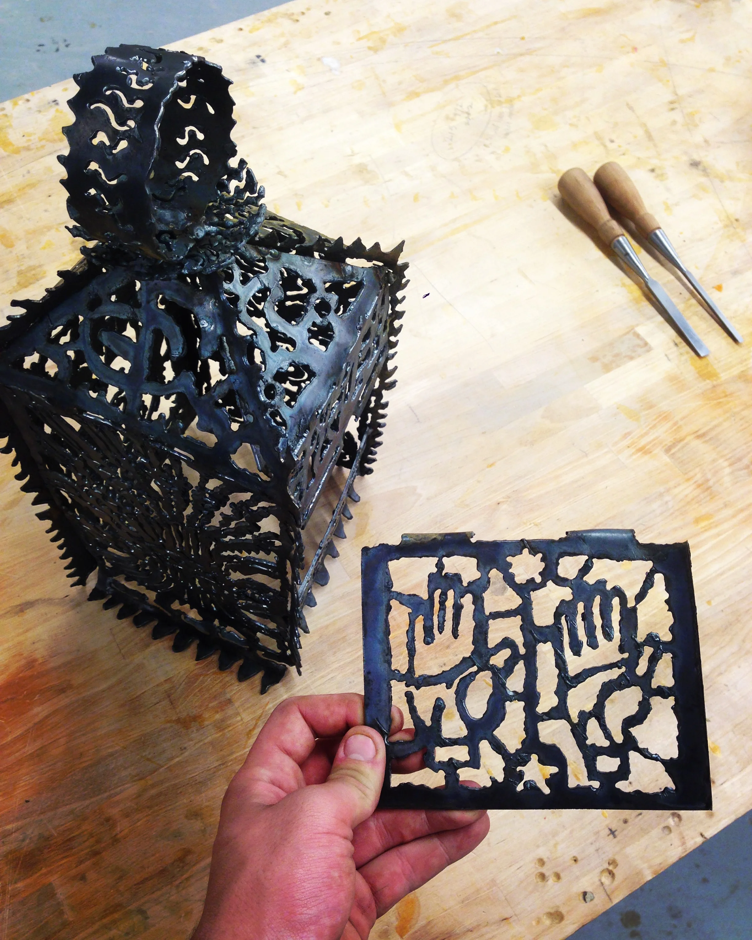 Workers Lamp Magic Lantern Steel LED light Sculpture History Plasma In Progress Making