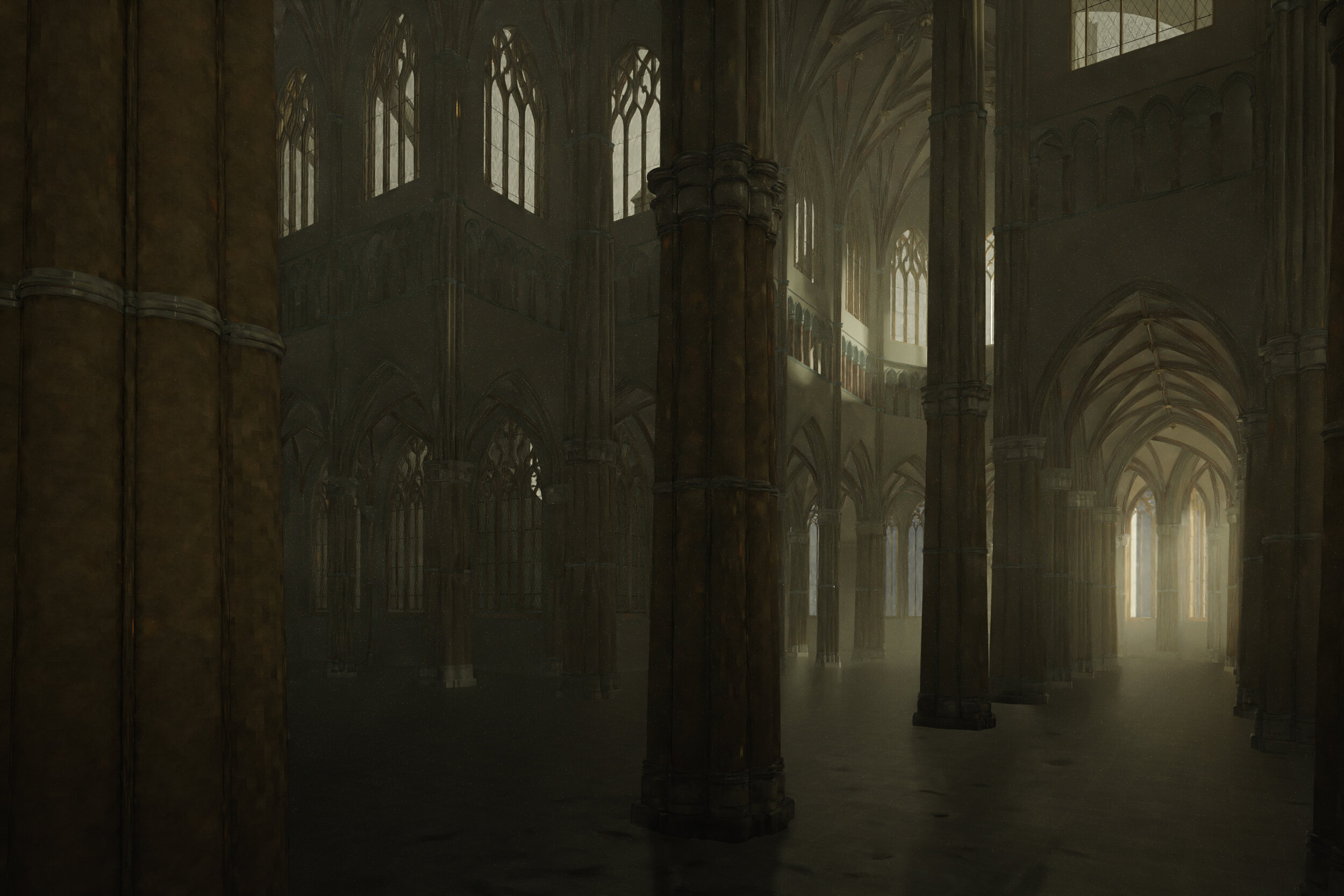 Interior View Historical Cathedral Dark Foggy Gallery Gothic Vaults 3d Model Architectural History Rendering
