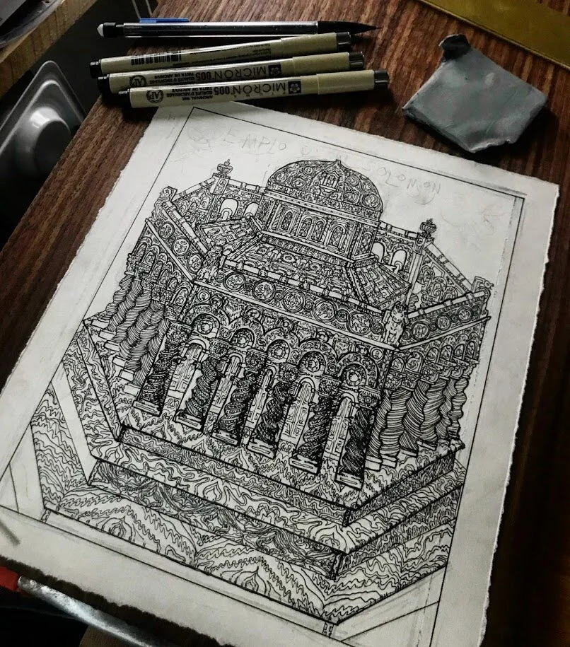 Solomon Temple overview work in progress historical crusades bible pen and ink drawing