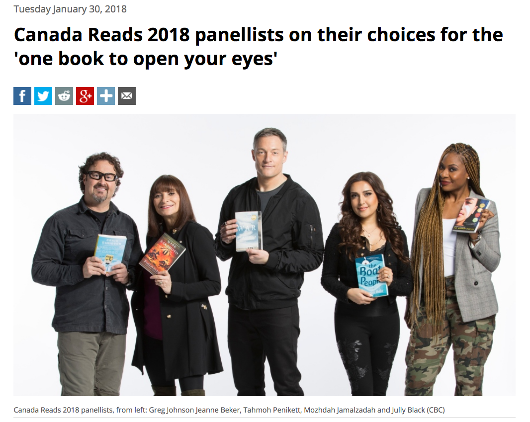 Listen here. The three-day Canada Reads 2018 finale takes place March 26-29 and will be broadcast across CBC platforms.