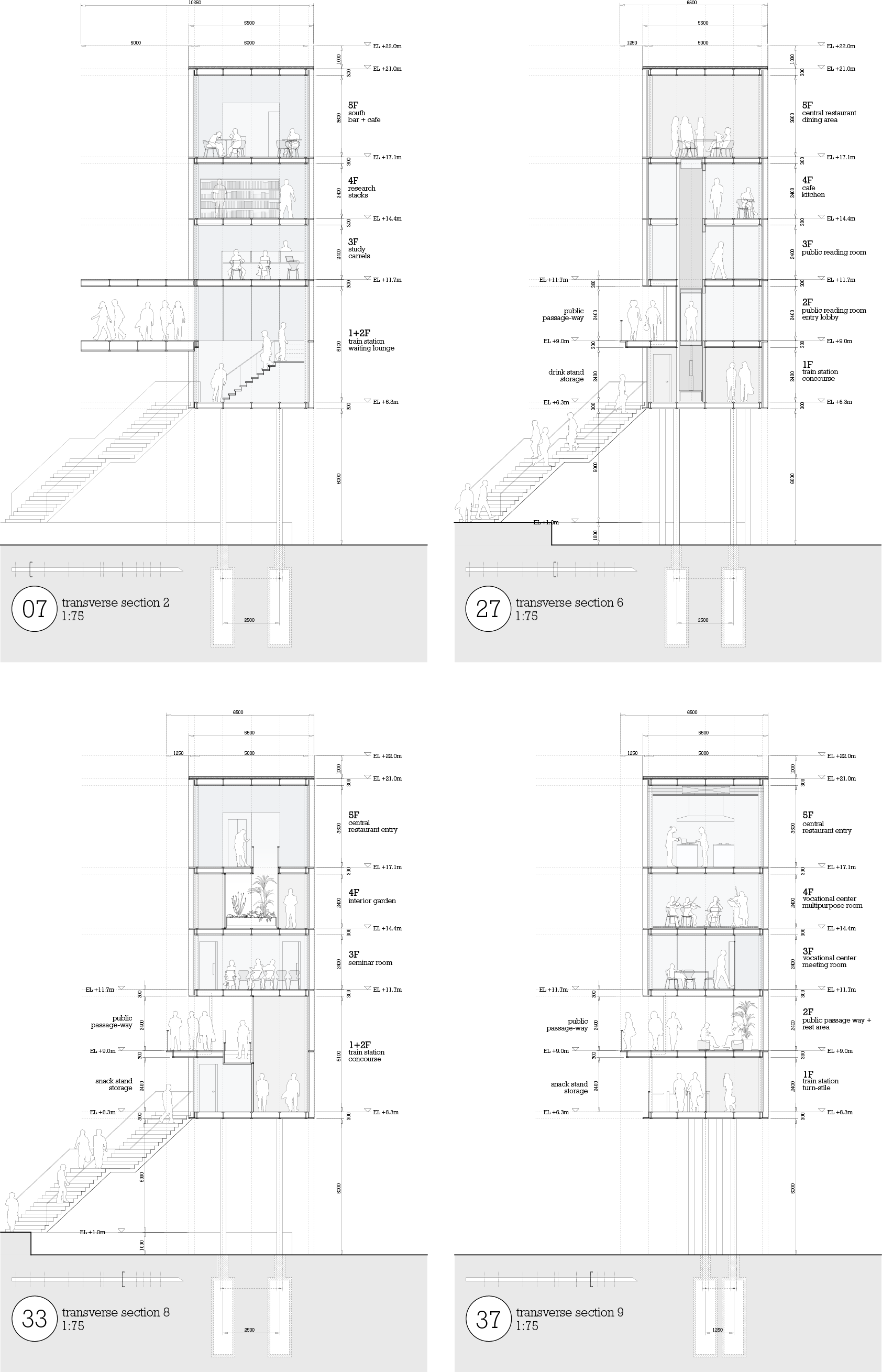 Transverse Sections A series of transverse cuts in the bridge structure reveal a mixture of functions and space sizes within the thin volume.