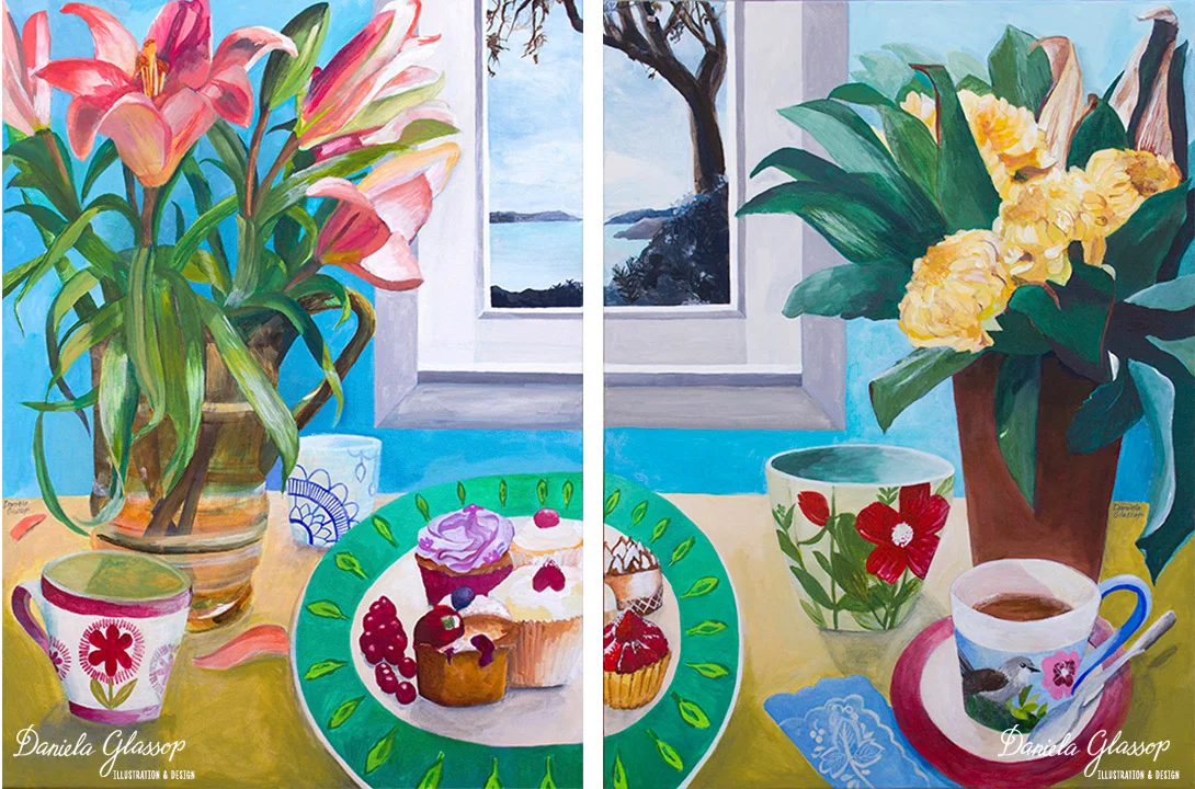 Diptych: Flowers with Cupcakes 1 and Flowers with Cupcakes 2