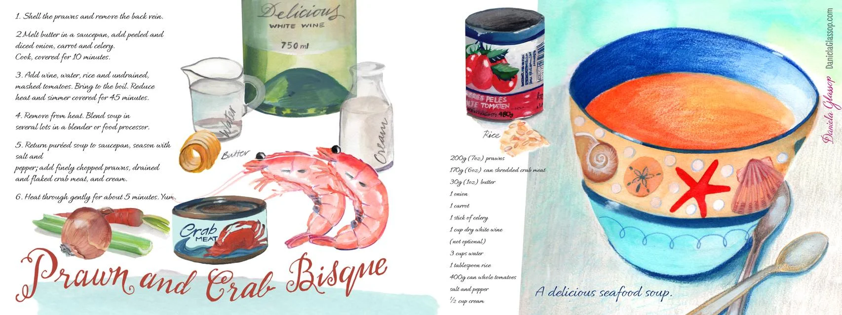 Prawn and crab Bisque illustrated recipe ©Daniela Glassop