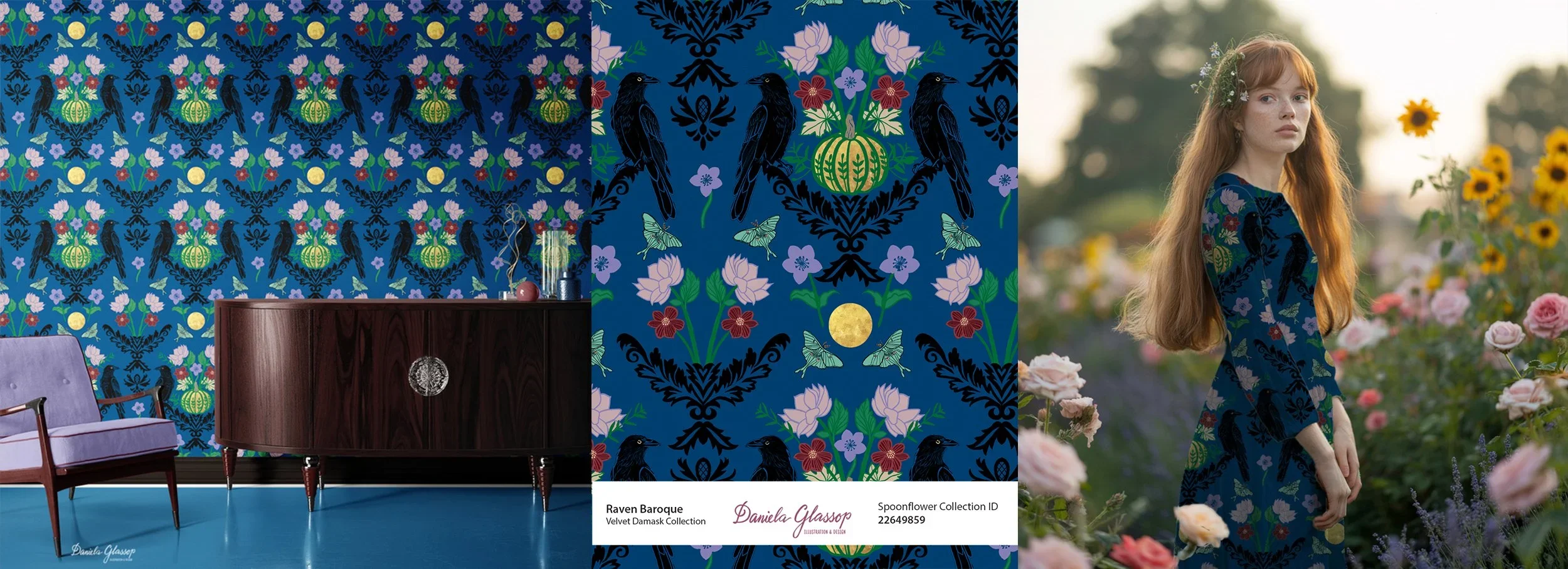 Raven Baroque, a design from Daniela Glassop's Halloween collection, called Velvet Damask, and available in her Spoonflower shop.