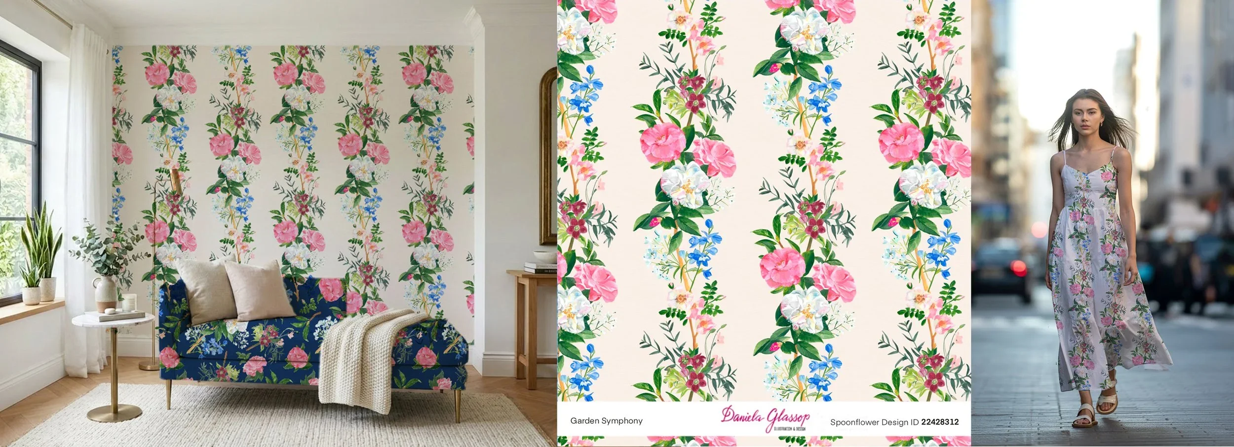 Garden Symphony, comes from Daniela Glassop's Chintz collection on Spoonflower, called The Walled garden.