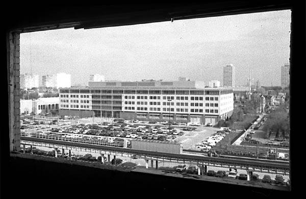 The headquarters of the Chicago Police Department as seen from a ninth floor apartment in 3542-44 South State Street, a recently demolished high-rise at Stateway Gardens.