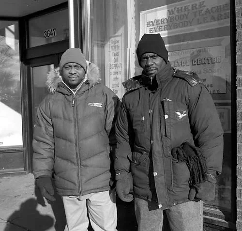 Morton Walker and Shawn Baldwin in front of the Chicago Bee Branch Public Library where they were arrested on January 7 as part of the "State Street Coverage Initiative.”