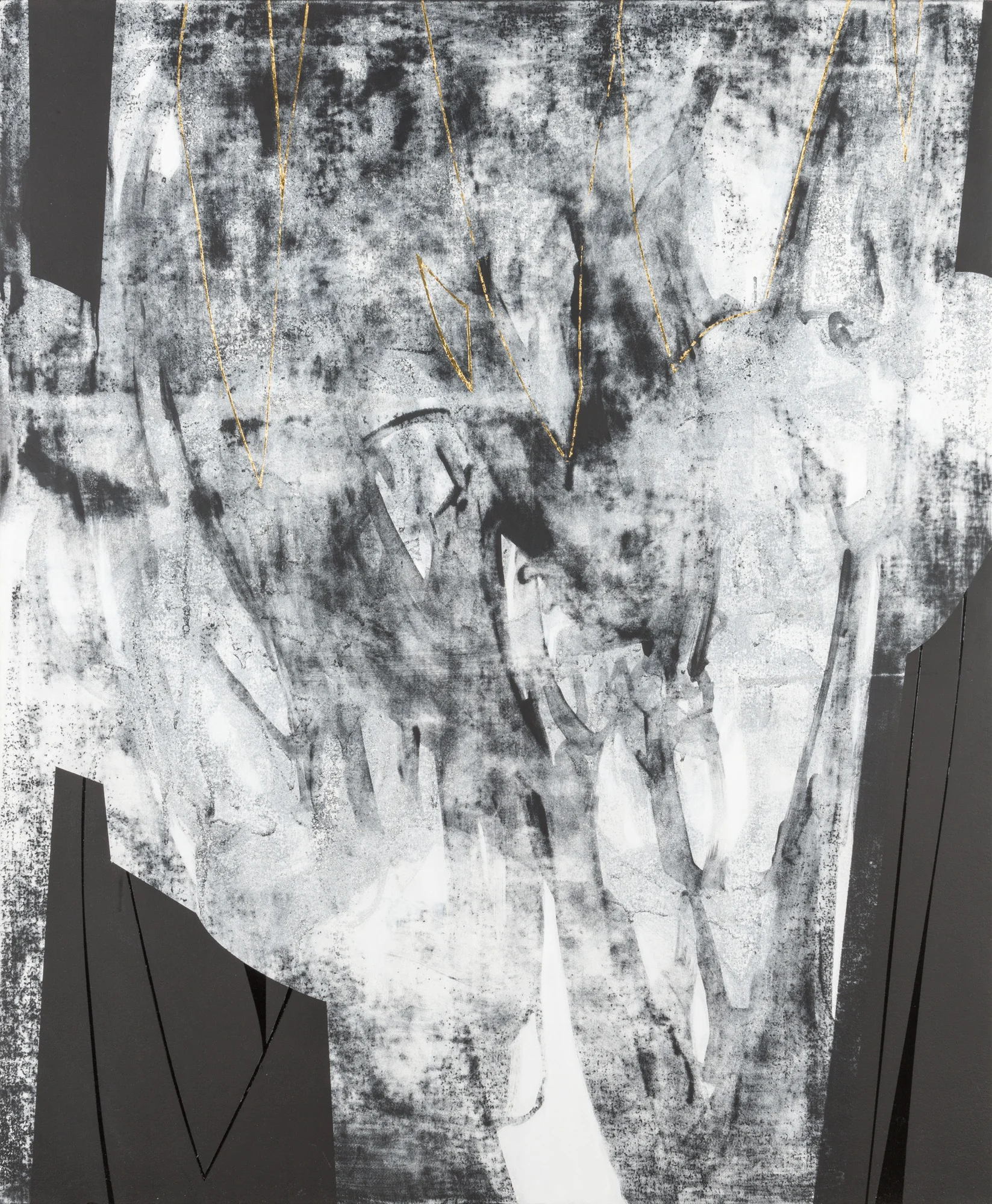  untitled (comet series black)  2017  Acrylic , gold leaf on canvas  38 by 46 