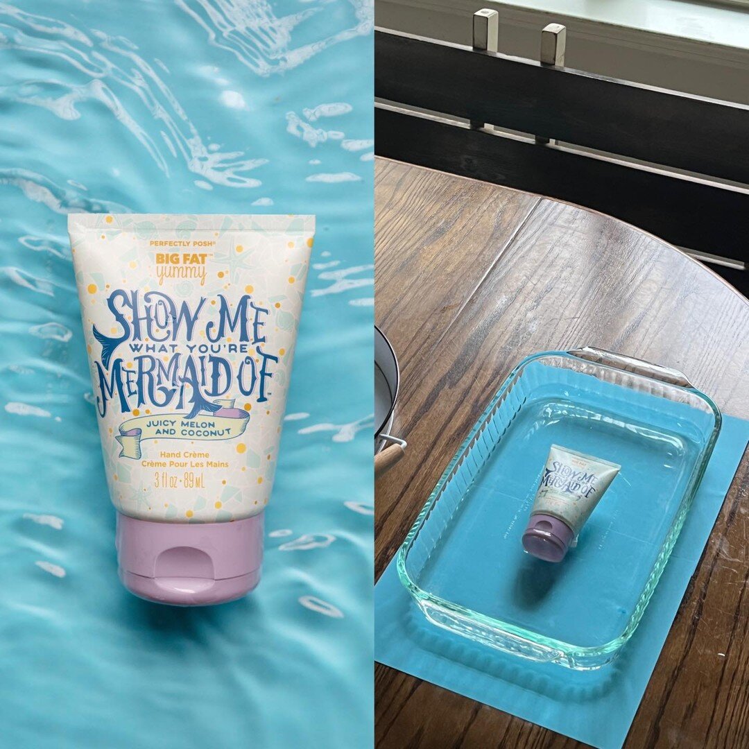 So here is my behind the scenes on my setup for the Perfectly Posh lotion shot.  Just as simple as a Pyrex dish, some blue printer paper and lifting the dish to move the water. 

I&rsquo;ve always loved the challenge of trying to capture a wide range
