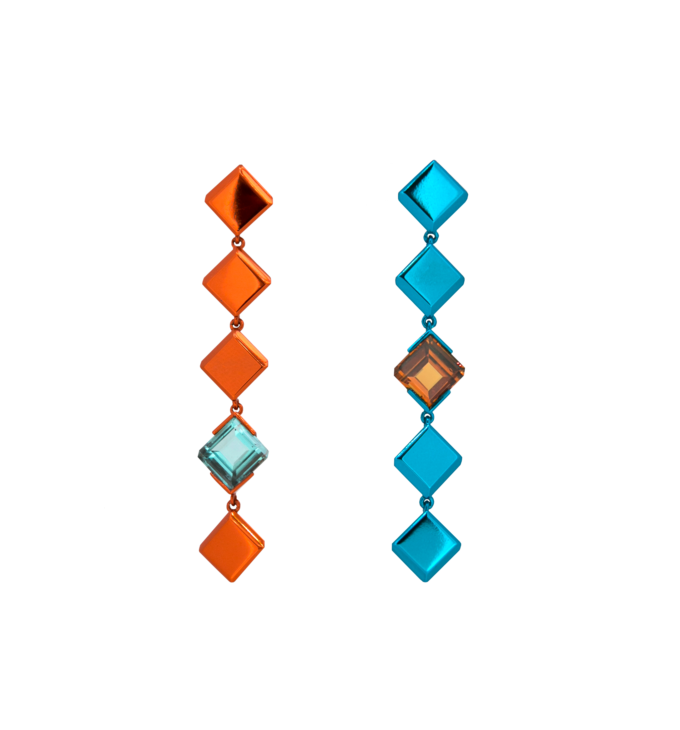 Chromanteq 18ct Recycled White Gold, Orange and Blue Nano Ceramic Plated Drop Earrings with 2.12ct Afghan Tourmaline and 2.82ct Mandarin Garnet
