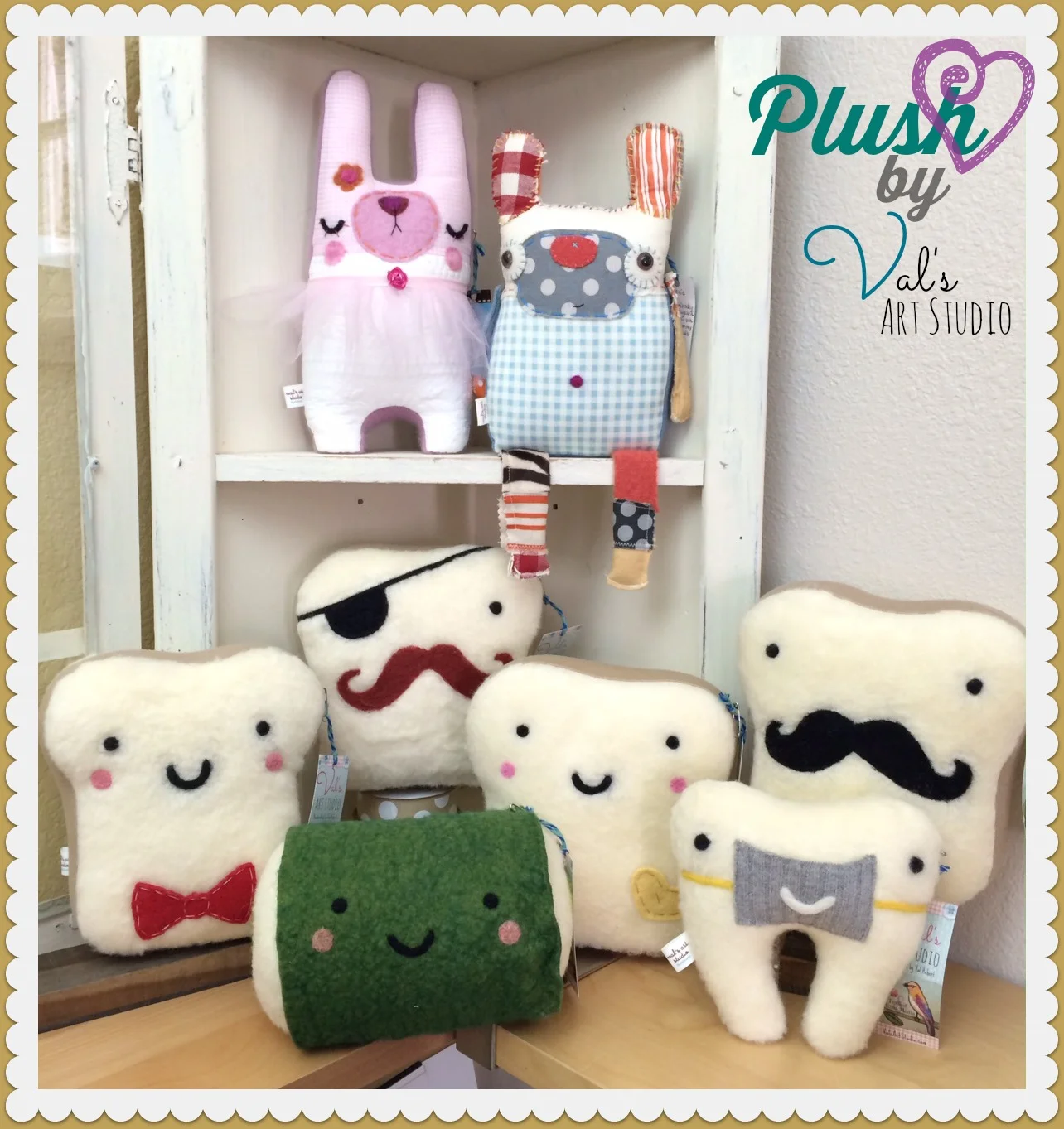 Cute plushies by Val's Art Studio brighten up any corner of a shop!