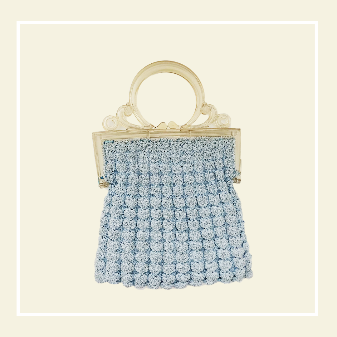 1940s Blue Lucite Handle Knit Bag