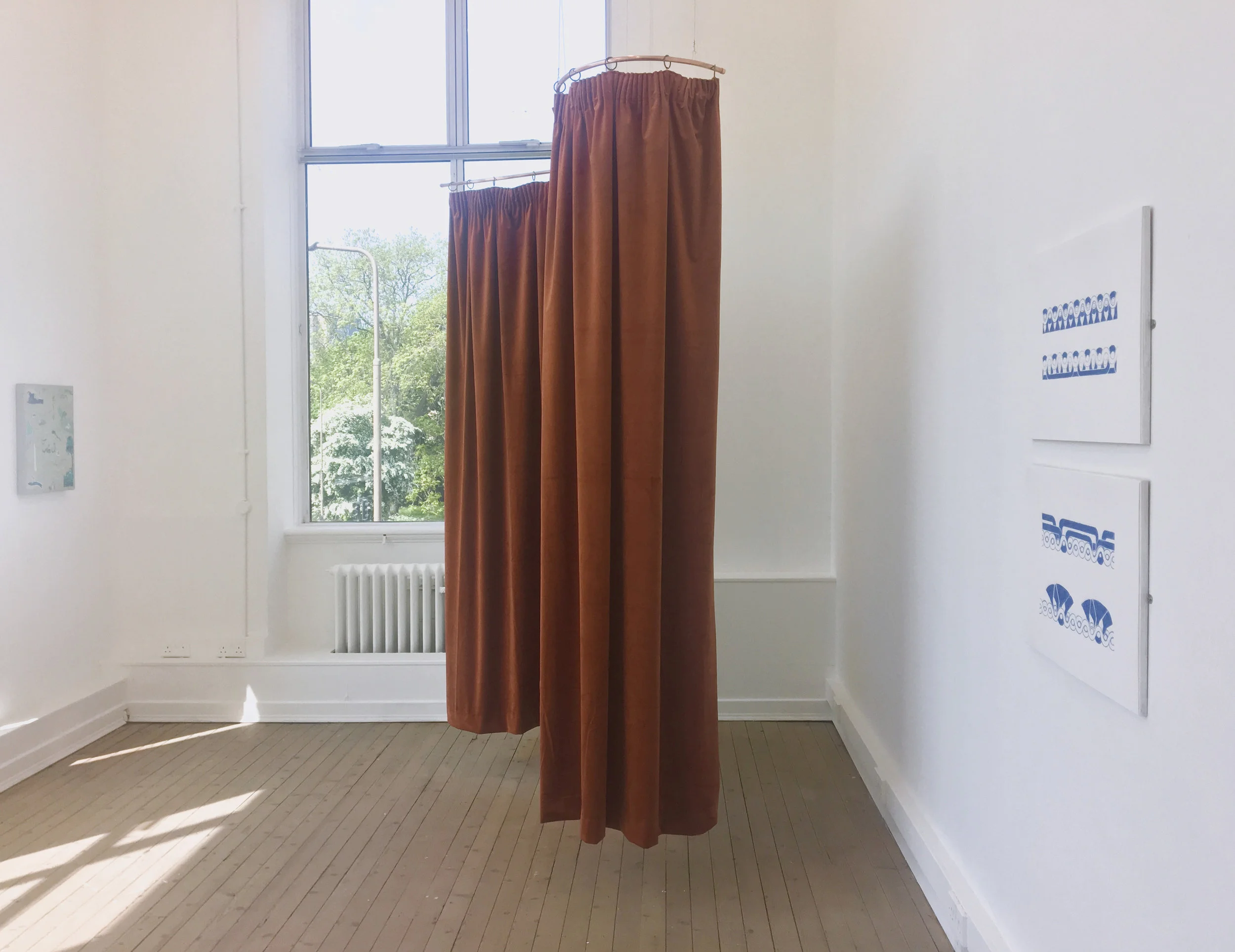 Visual Arts Scotland @ Summerhall Furnishing Velvet and copper tubing with wall mounted drawings. Summerhall, Edinburgh