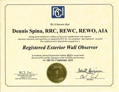 Registered Exterior Wall Observer (REWO®). Individuals certified to monitor the construction process to ensure that exterior wall systems stay in compliance with approved construction drawings, specifications, and best-practice or warranty-stipulated installation procedures.