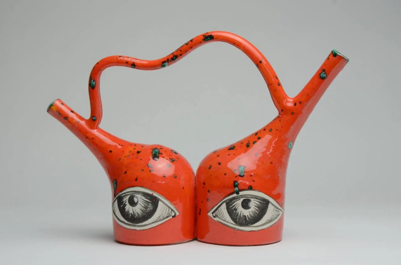 "Glazed faience sculptural double-vessel"