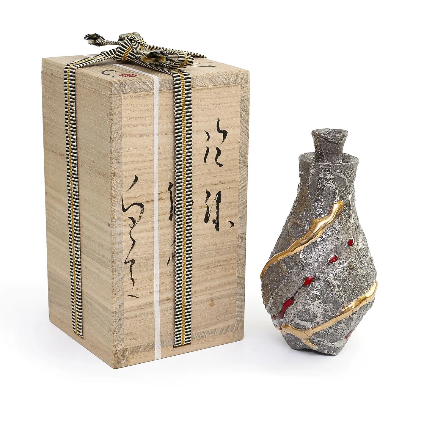 Toro Ichikawa - Silver and Gold Luster Sake Bottle with Signed Box (INV# NP5683)