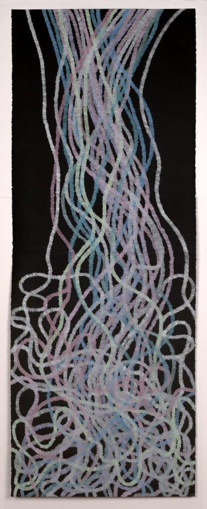 Lyn Horton, Cascade_three, 2017, 60 inches h x 22 inches wide, colored pencil on black rag paper.jpg