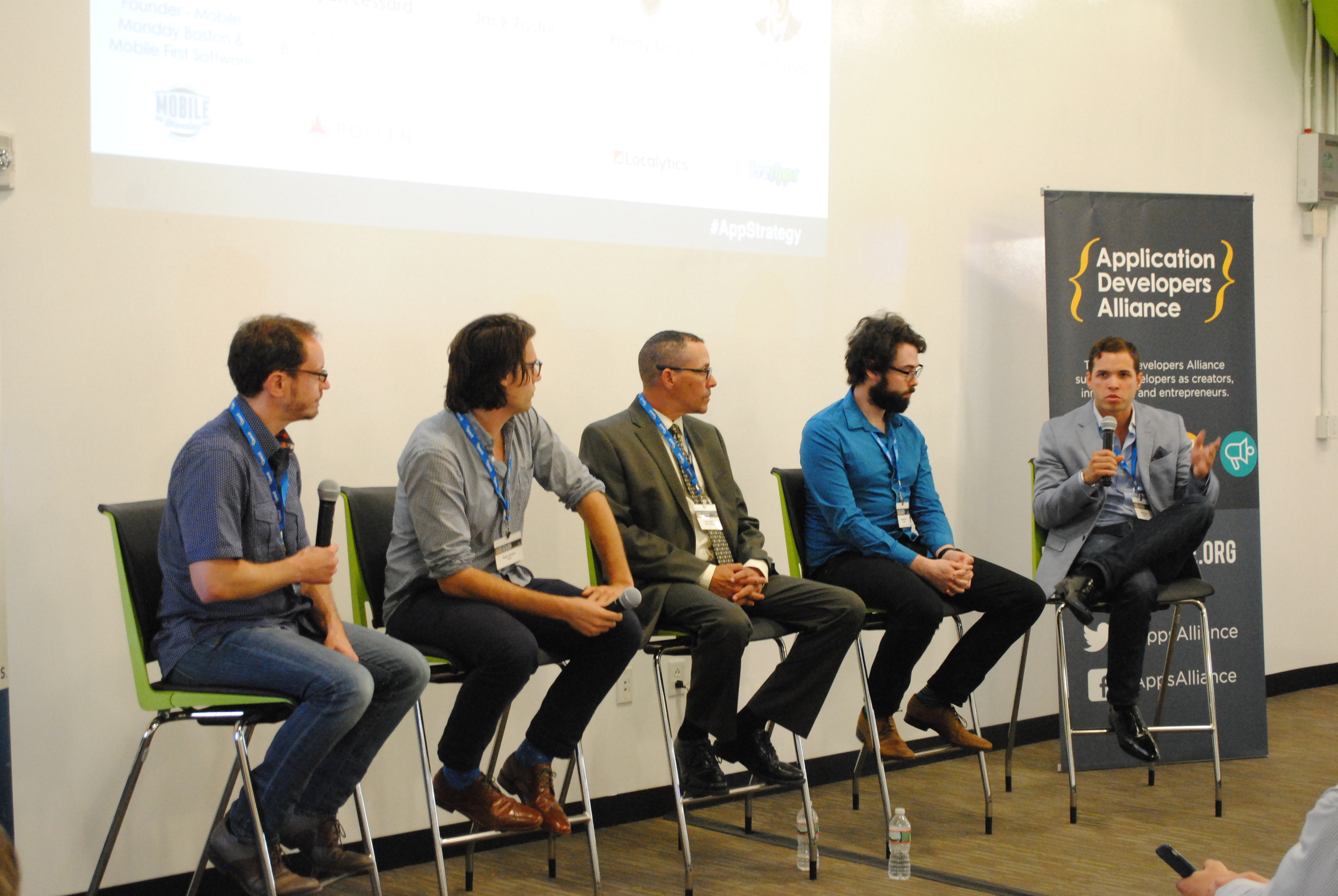 From L to R: Matt Gross (Mobile Monday Boston/ Mobile First Software), Ryan Lessard (Pollen), Jack Foster (MIR Publishing), Randy Dailey (Localytics), Sean Casto (PreApps)