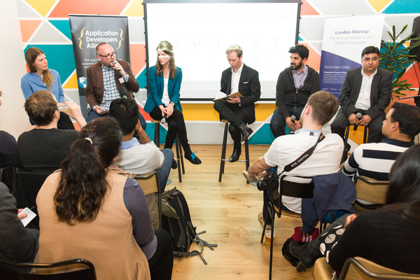 Speaking on the topic of The Role of Mobile in the FinTech Revolution were Hendrik Kleinsmiede - Co-Founder and Innovation Partner at Visa Europe Collab , Alice Newton - Head of Product at WorldRemit , Edward Cooper - Head of Mobile at Revolut , Tariq Patel - Senior Mobile Lead at Yoyo Wallet and Ritesh Thadani - COO, Pollen VC . Magdalena Krön , Head of Rise London and VP Open Innovation at Barclays , moderated the panel. © Piers Cunliffe Photography