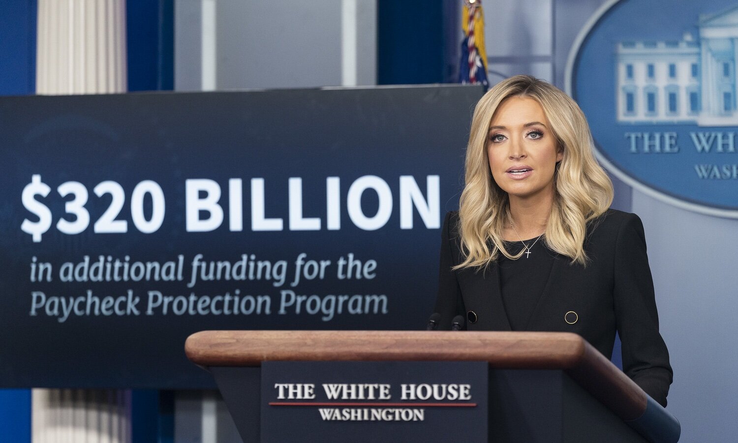 New White House Press Secretary Kayleigh McEnany addresses her remarks at a White House press briefing Friday, May 1, 2020, in the James S. Brady Press Briefing Room of the White House. (Official White House Photo by Joyce N. Boghosian). Source.