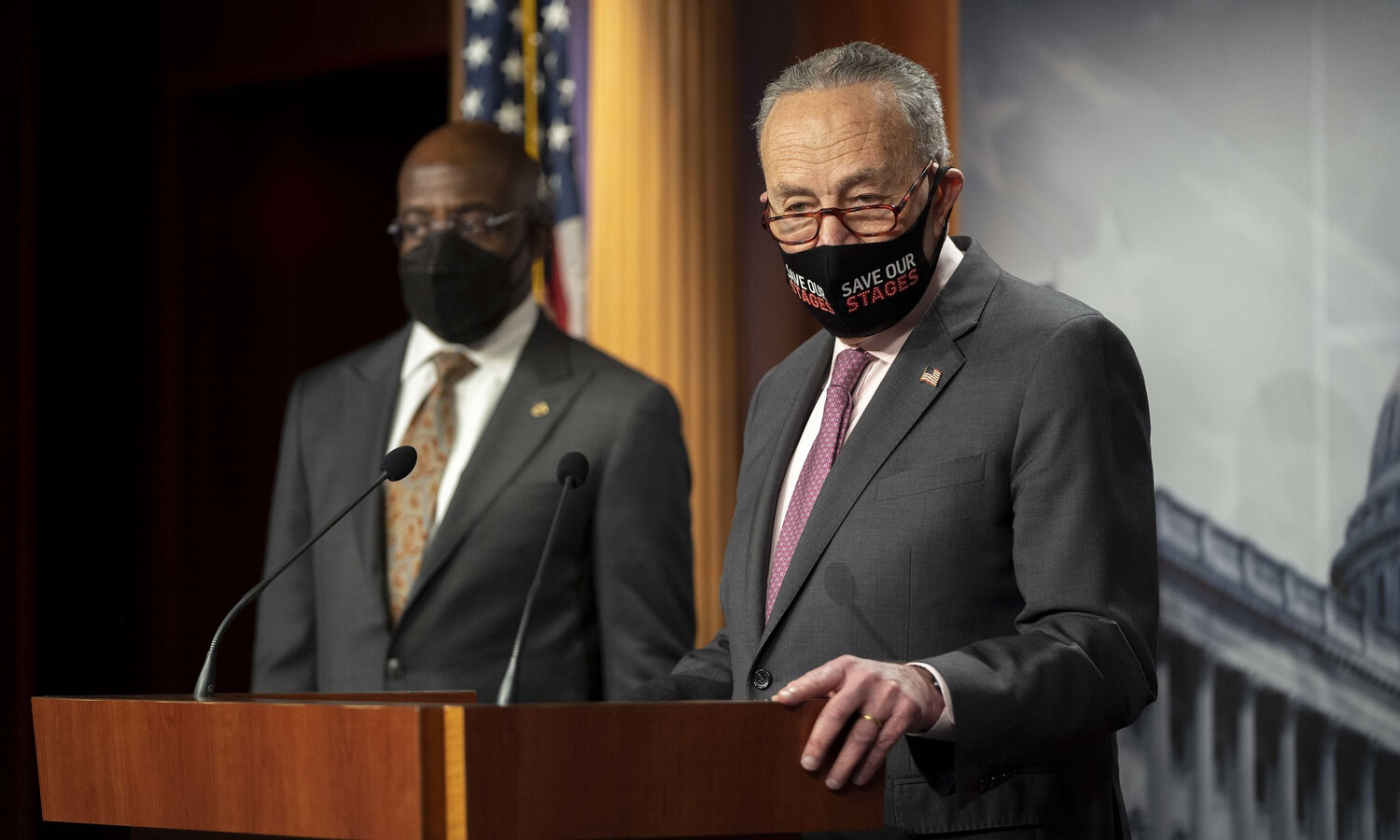 Senate Majority Leader Chuck Schumer (D-NY) and Senator Reverend Raphael Warnock (D-GA) during a press conference outlining COVID relief efforts on February 11th. Source: Flickr&nbsp;