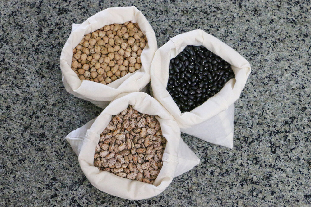 Dried beans in reusable bulk bin bags