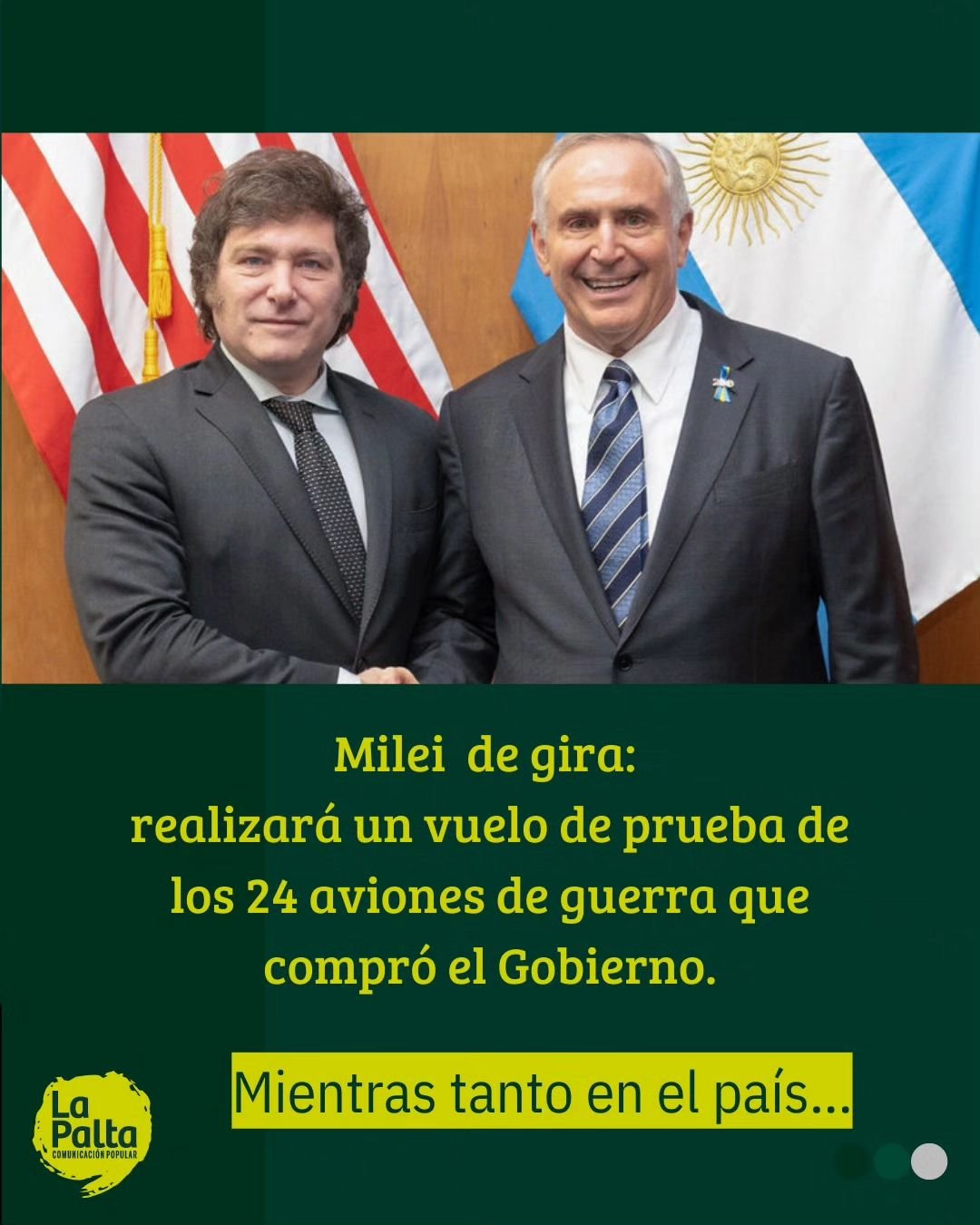 🛩️El presidente Javier Milei tiene programada un gira que comenz&oacute; en Miami, Estados Unidos, y continuar&aacute; en Dinamarca para probar los aviones que adquiri&oacute; la naci&oacute;n recientemente 

🌡️Pero a la realidad argentina no le co