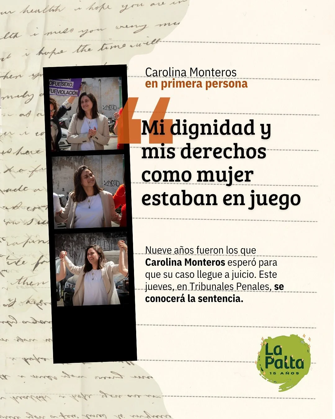 ⌛ Nueve a&ntilde;os exigiendo justicia

⚖️ Carolina Monteros est&aacute; a la espera de los alegatos finales y la sentencia por el juicio que tiene contra Franco Trapani y &Aacute;lvaro Rodr&iacute;guez, imputados por abuso sexual.

✉ En una carta, C