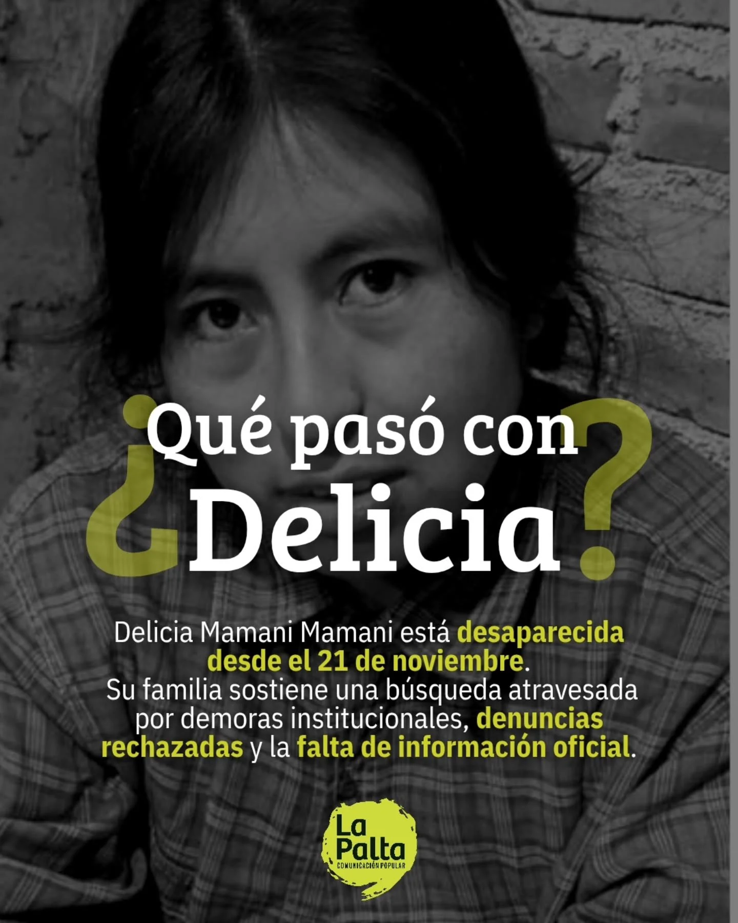 &iquest;Qu&eacute; pas&oacute; con Delicia Mamani Mamani?

👉 Desde el 21 de noviembre, Delicia est&aacute; desaparecida. Su familia, amistades y docentes sostienen una b&uacute;squeda atravesada por demoras institucionales, denuncias rechazadas y un