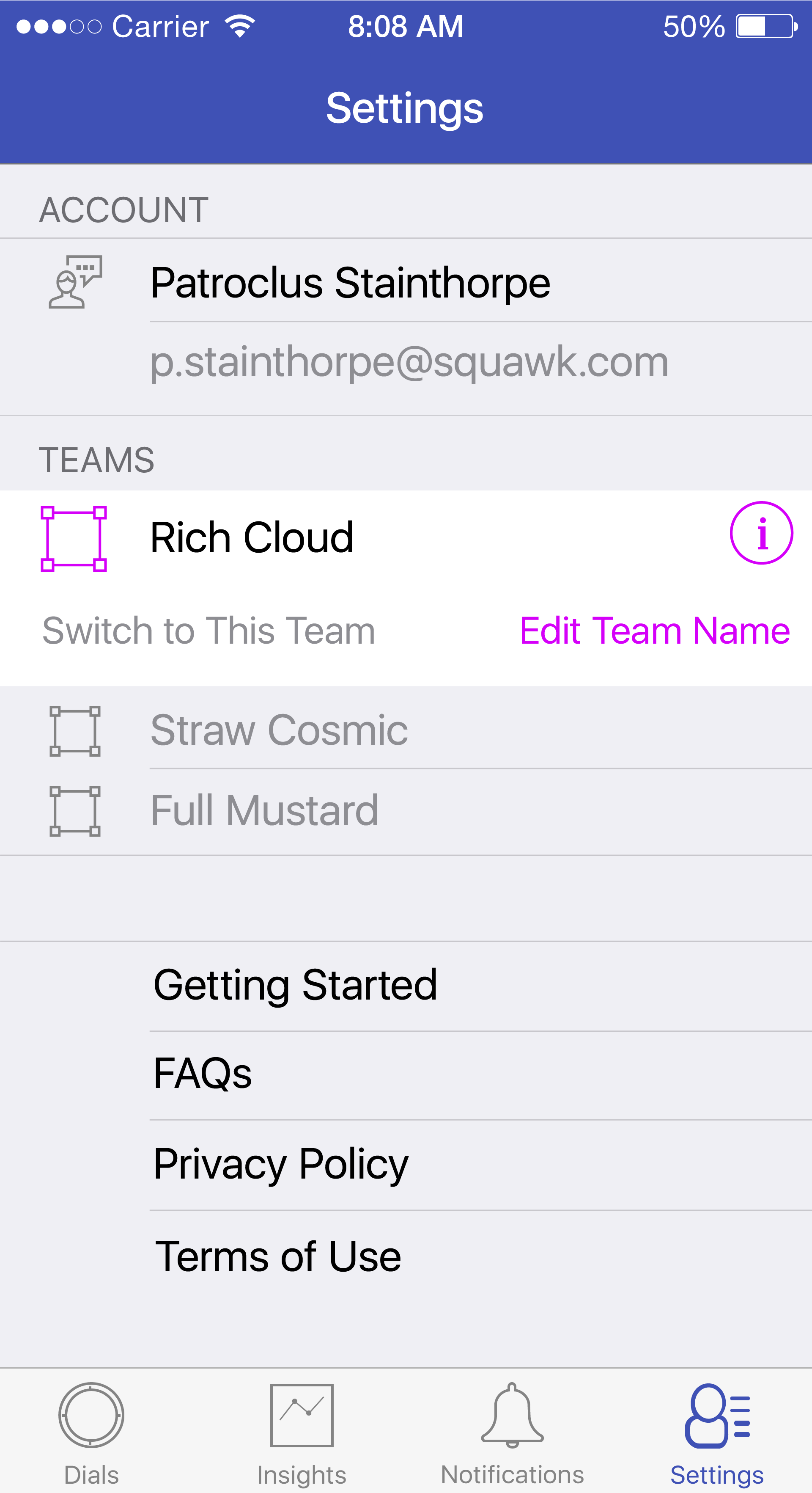 Settings Screen, Team Focus
