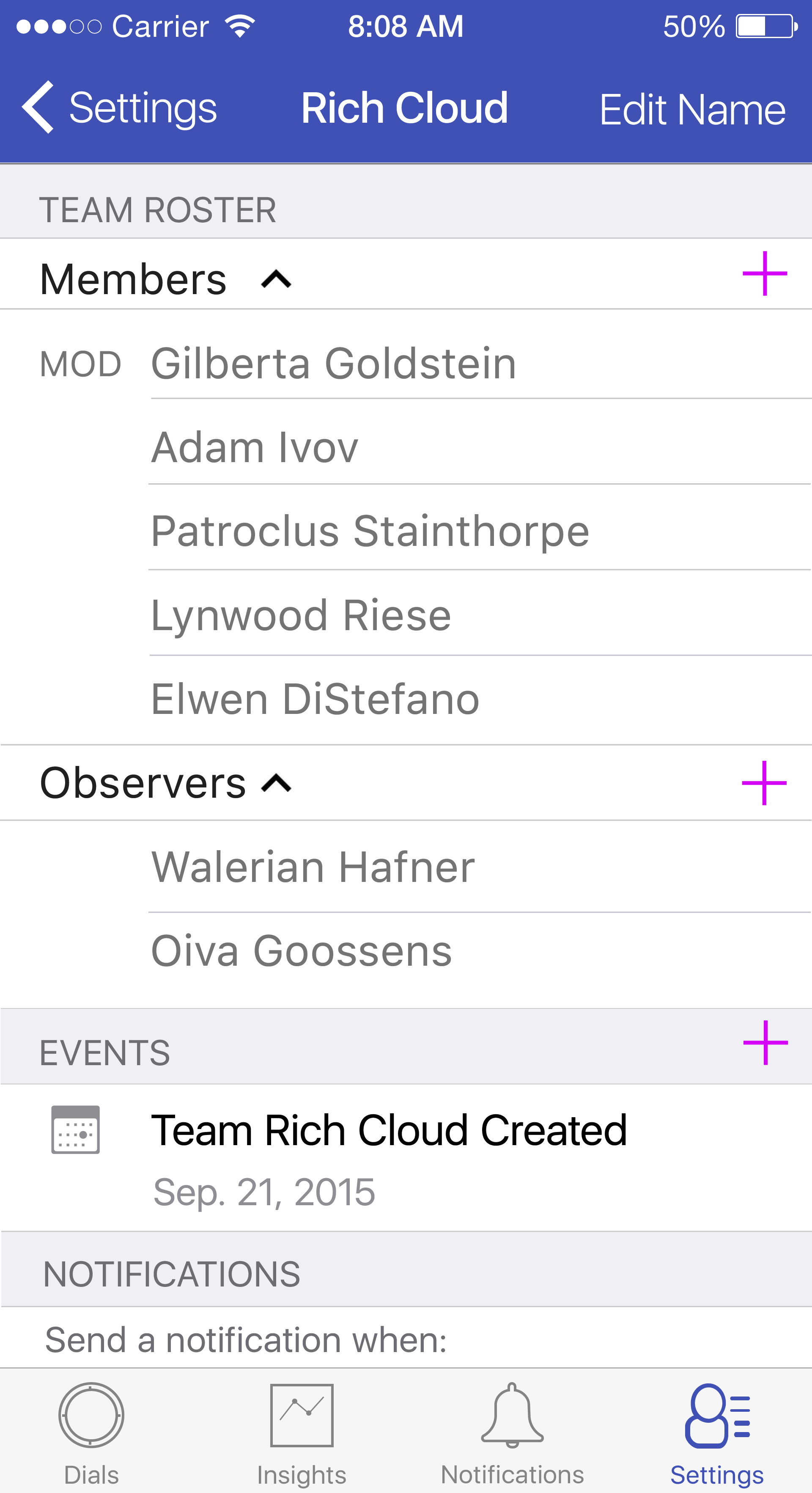 Team Settings Main Screen