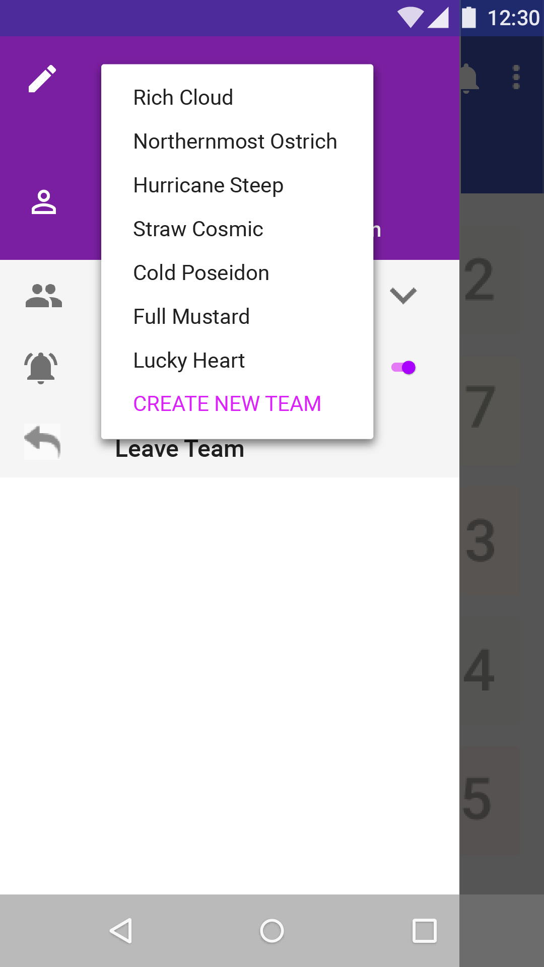 Team Menu within Hamburger