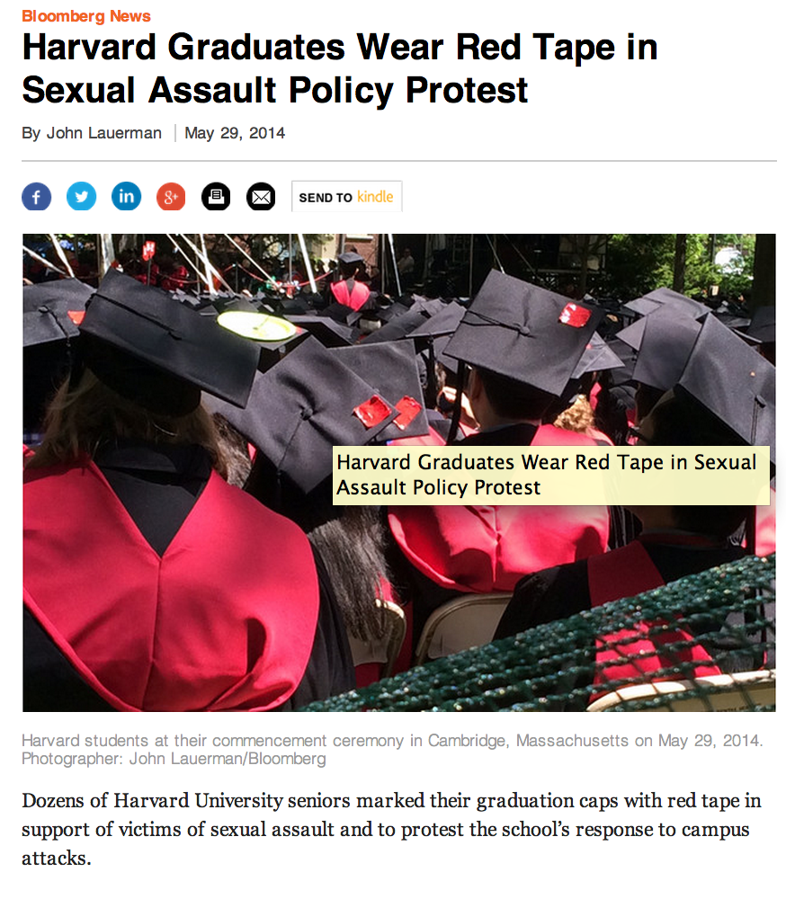 http://www.businessweek.com/news/2014-05-29/harvard-graduates-wear-red-tape-in-sexual-assault-policy-protest #ourharvard14