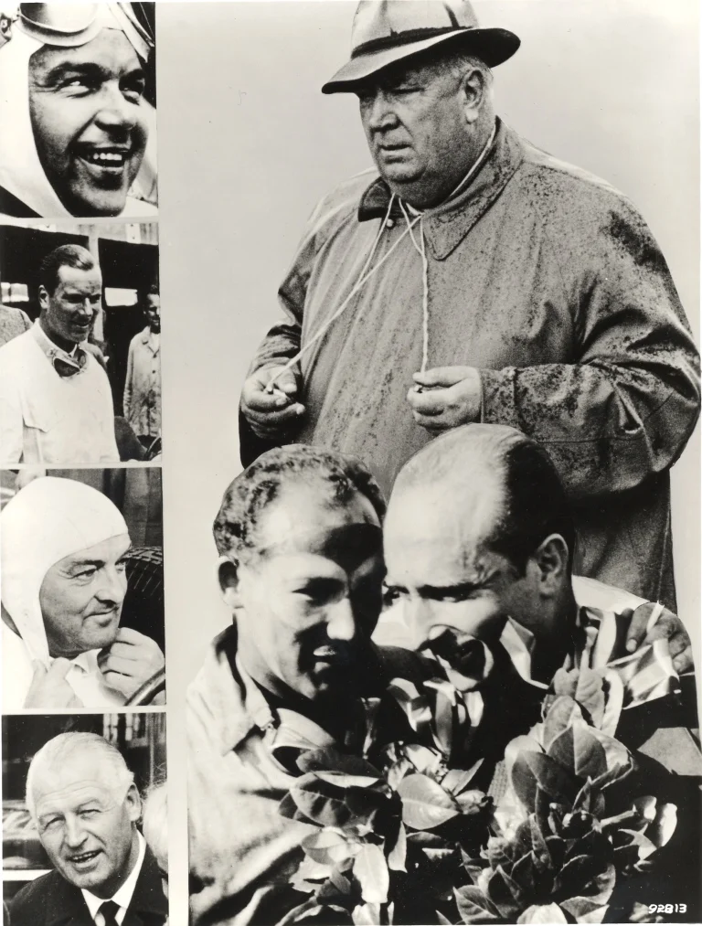 Mercedes-Benz team manager Alfred Neubauer in the 1930s and 1950s with his drivers, left from top Rudolf Caracciola, Richard Seaman, Herman Lang and Karl Kling. Right, Stirling Moss and Juan Manuel Fangio