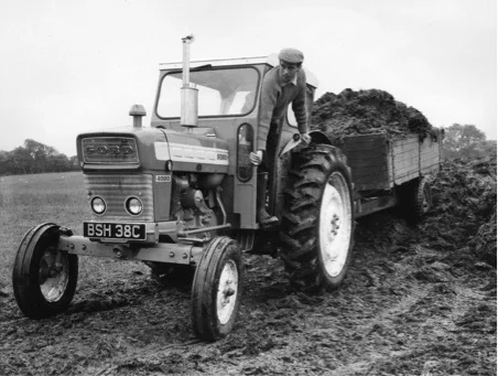 1965 and a works drive for Ford. Publicity picture; Ford Motor Company Tractor Operations, Basildon Essex shows star driver in 3-cylinder 46bhp diesel Ford 4000 that Edington Mains Farm could have bought for £1500.
