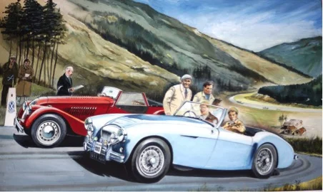 Talented artist and for many year Austosport’s photographer for Scotland the late Bill Henderson painted this for Jim Clark: Tribute to a Champion. It shows Potts’ Austin Healey No 111 with 19-year-old Clark in the passenger seat at the “Little” Rest-and-be-Thankful control on the Scottish Rally. Also waiting under the eye of AK Stevenson OBE, secretary of the Royal Scottish Automobile Club is the crew of Morgan Plus 4 Frank Dundas (in cap) and co-driver Eric Dymock.