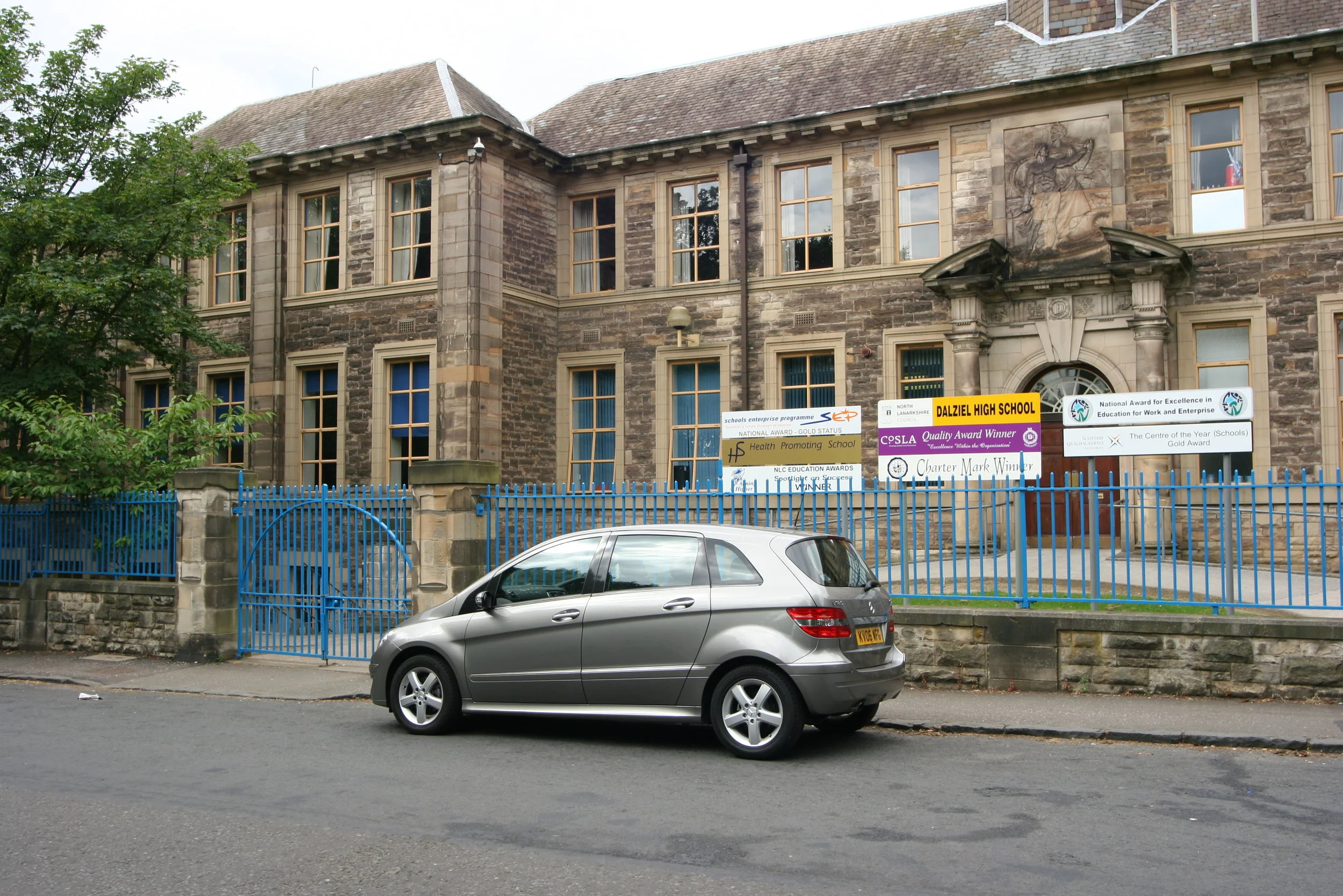 Dalziel High School main entrance with press test Mercedes-Benz