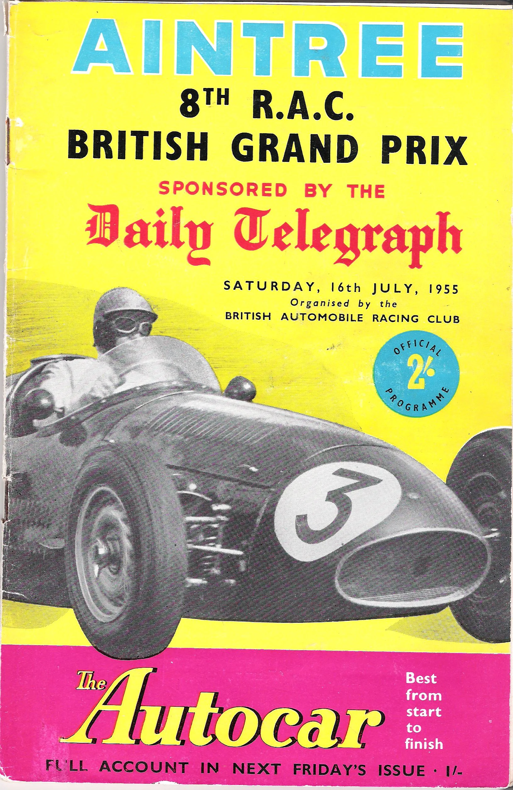 Aintree 1955 British Grand Prix. Brabham retired with a bent vale on his Bristol engine that was 100 horse power down on the supercharged desmodromic fuel-injected Mercedes-Benz W196, which overtook him every five laps.