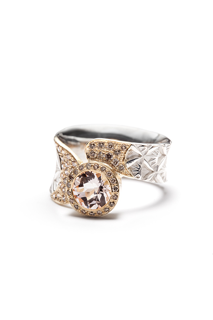 18k, sterling silver, pink quartz and brown diamonds.