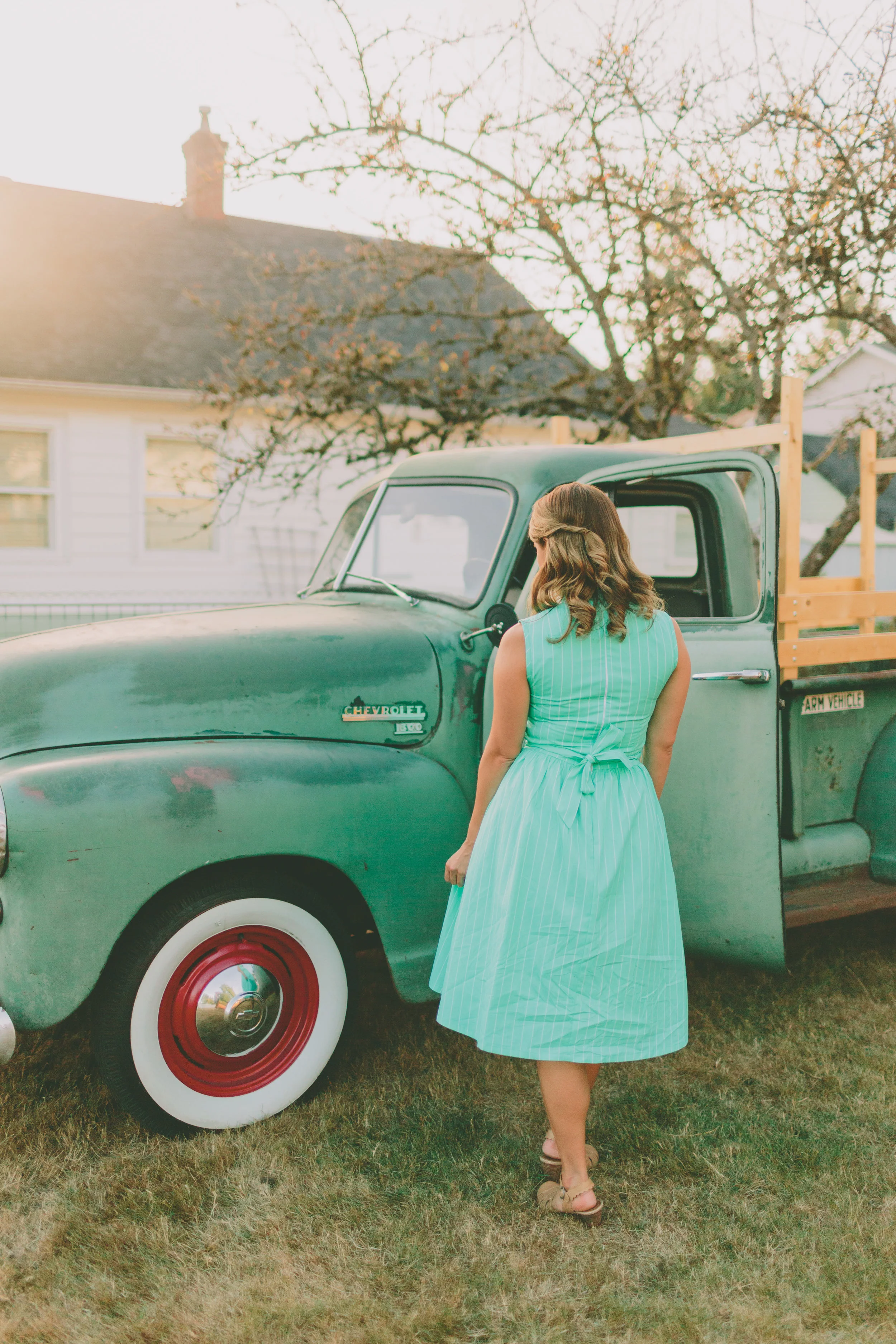 The Wanderer cheongsam style dress with full skirt in teal stripe, by Happy Yellow Dress