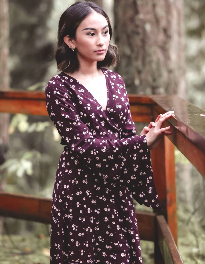 bell sleeve gunne sax style wrap dress