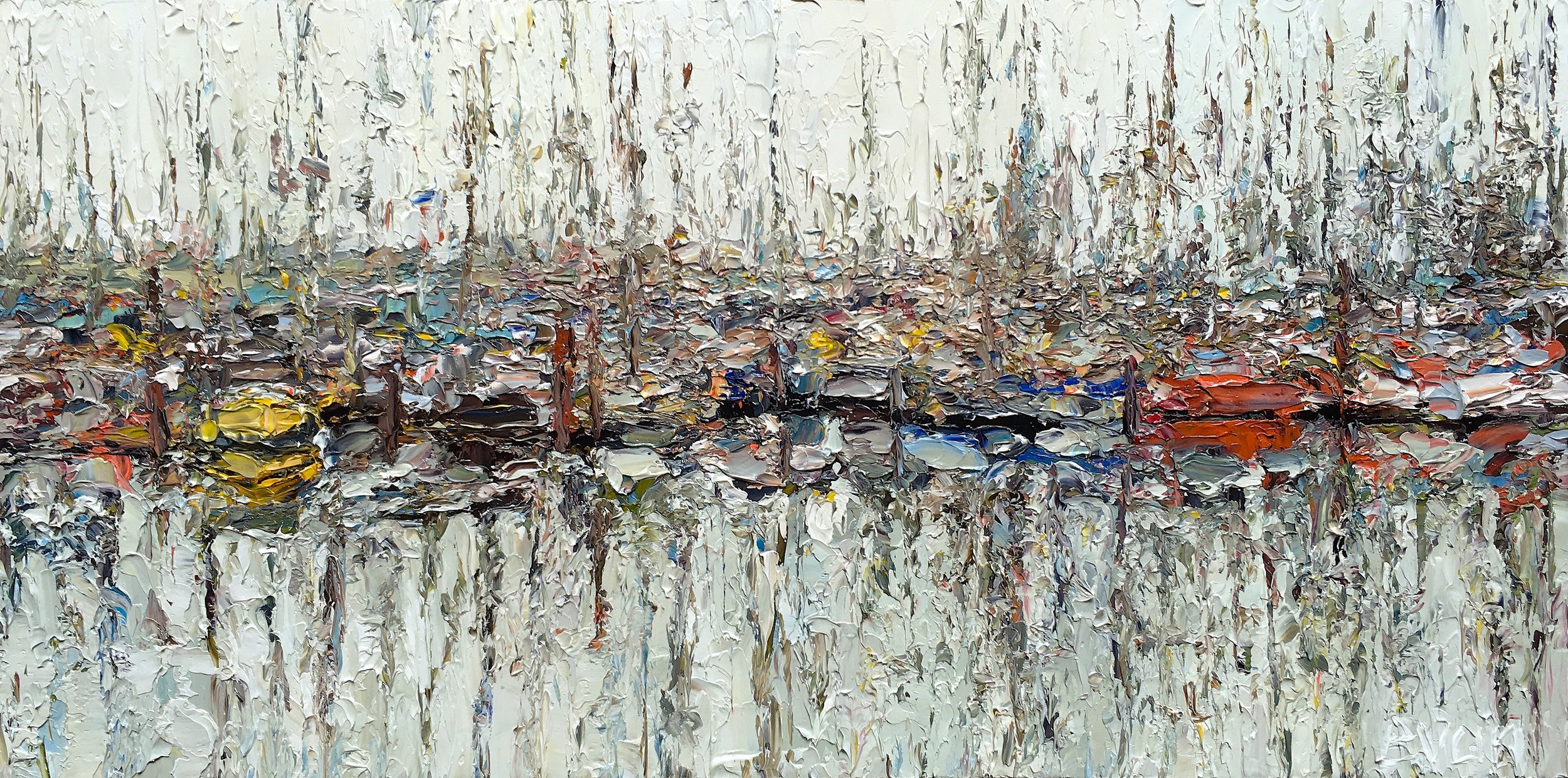 This body of work spans a six year exploration between perspectivism and gestural painting. Semblance manifests from the distance of a fragmentary and often chaotic base, forming an either/or parallax. OIL ON PANEL 12x6 2017