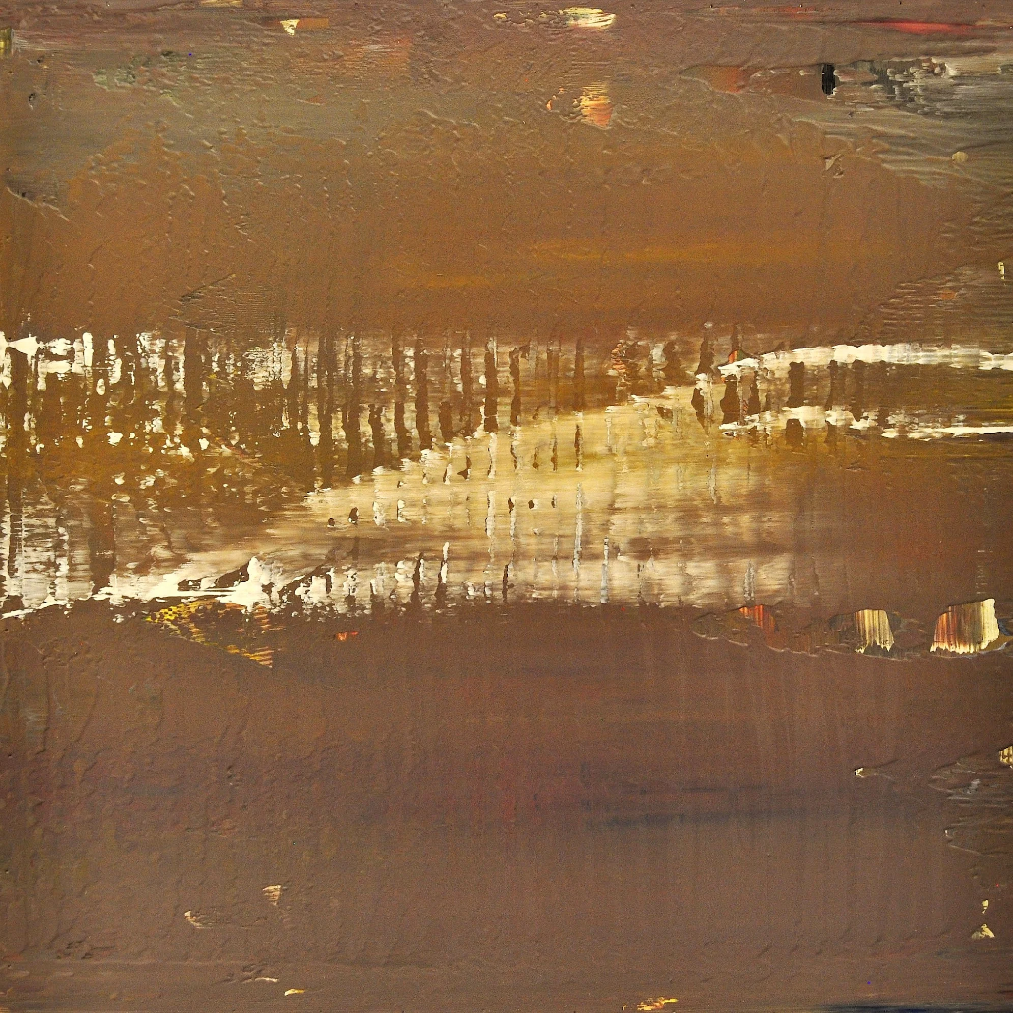  PLASTISOL ON PANEL 24x24  2012   These paintings are based on rigid mechanistic procedures using a handmade screed and a palette limited to the primary colors as well as black and white. Each color is ascribed to one of four sides and dragged across