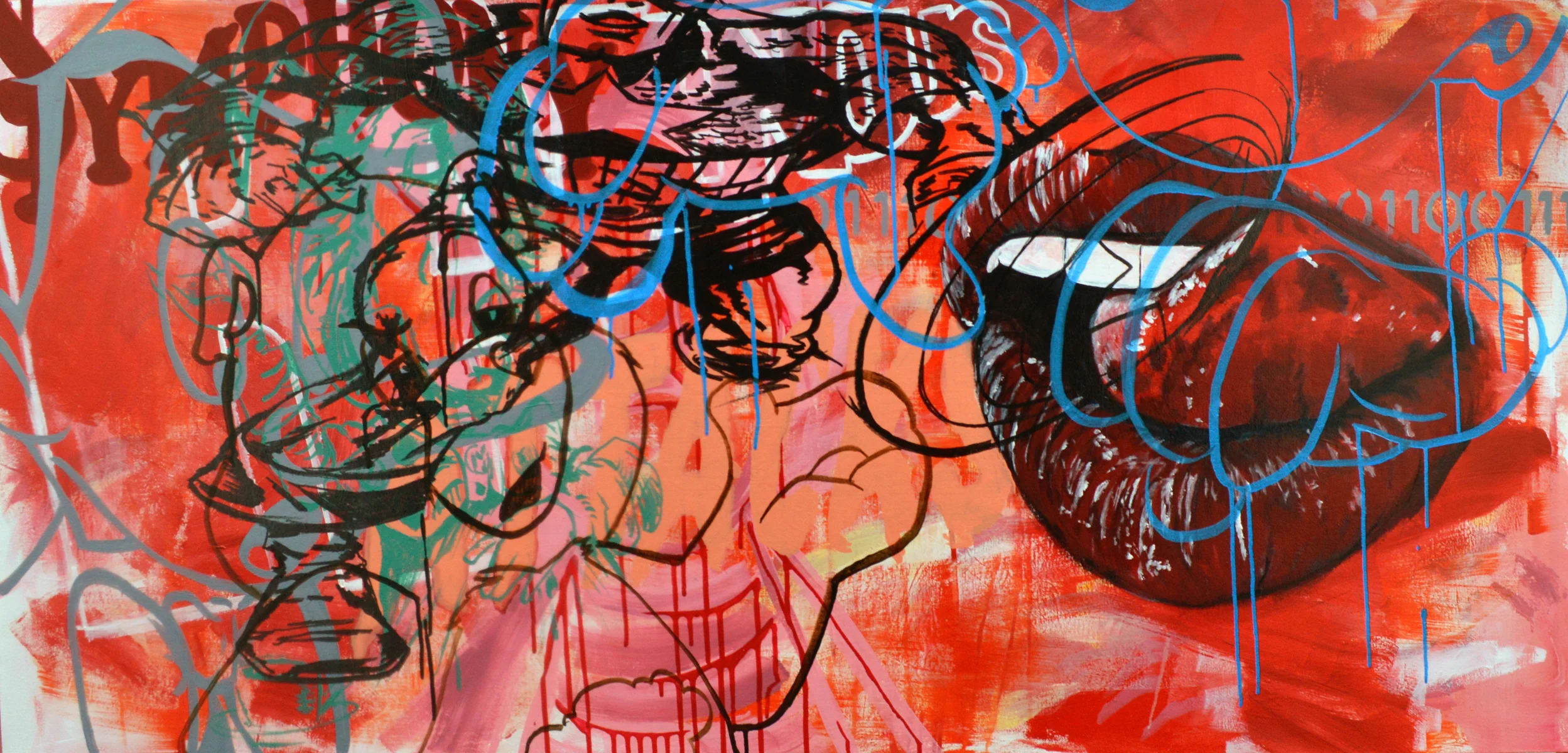Symphony of Ravenous Pigs , acrylic on canvas, 30”x60”, 2015 (sold)