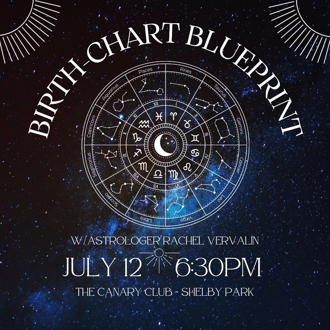 I&rsquo;m excited to announce the first Public Astrology class taking place at @canaryclublou in Shelby Park - Wednesday July 12, 2023 from 6:30-8:30pm. The class is $50/person, and includes a natal chart journal for each participant to take home wit